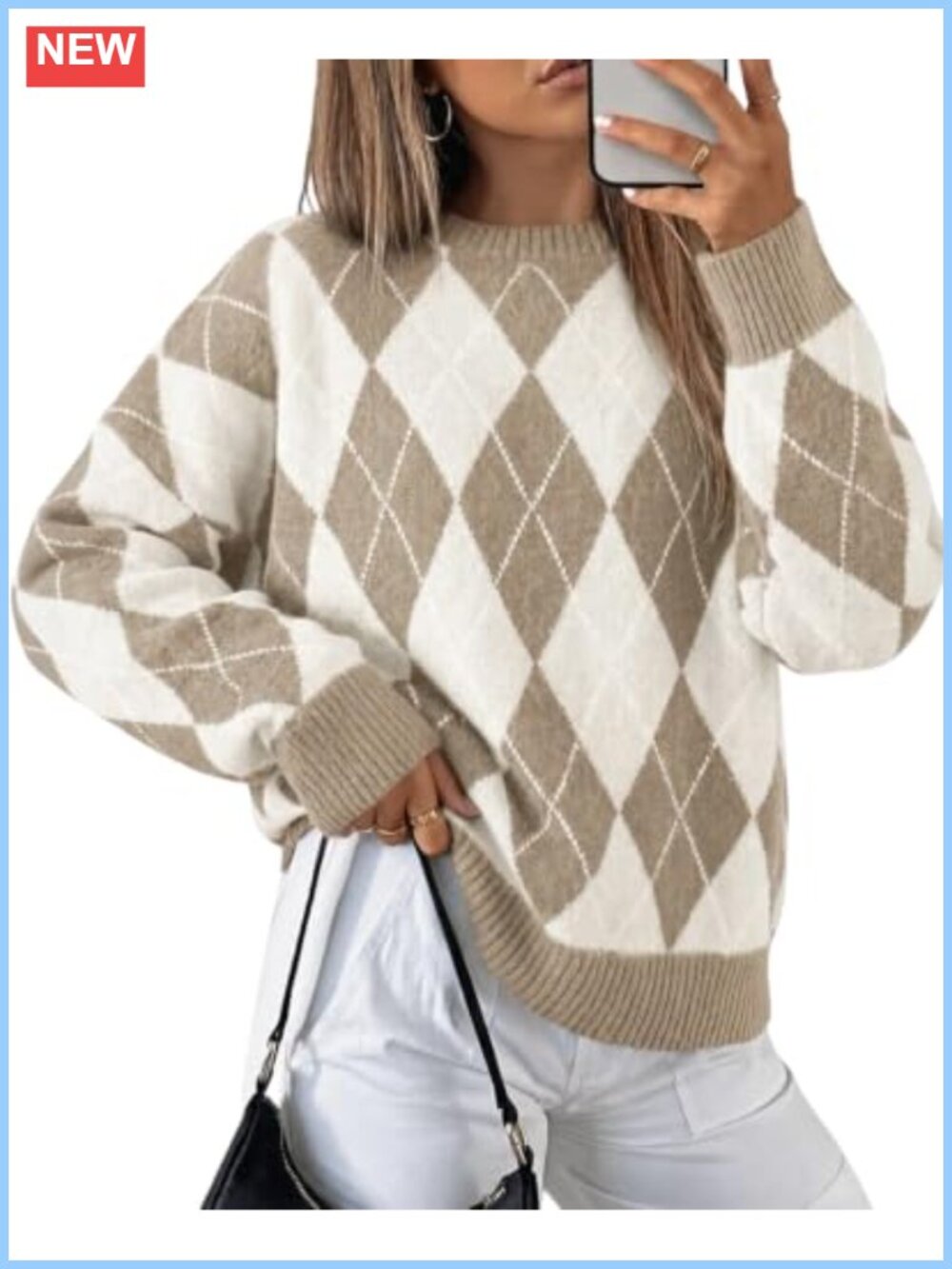 Oversized Argyle Plaid Knit Pullover Sweater Long Sleeve Casual Lightweight